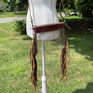 NWT Clear Fringe Crossbody Leather Hand Tooled Bag